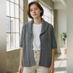 Vintage Kim Rogers Short Sleeve Open Front Cable Knit Gray Cardigan size Medium